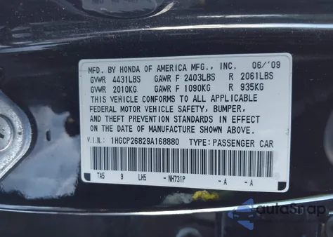 2009 Honda Accord 2.4 Ex-L from USA, damaged, VIN 1HGCP26829A168880